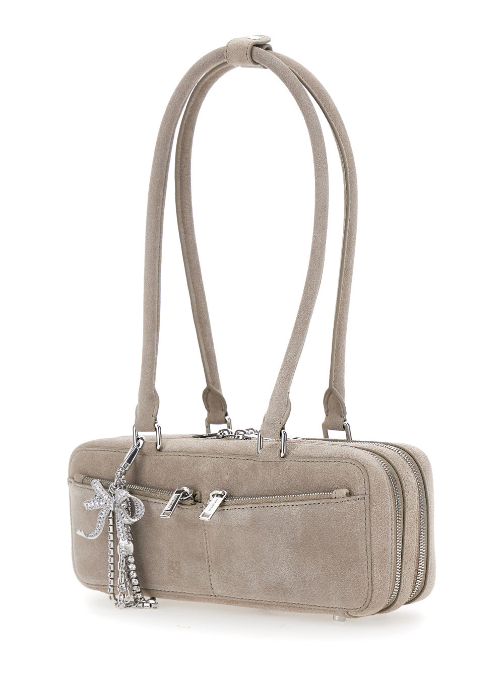 Self-Portrait Women Grey Shoulder Bag With Two Top Handles And Charm Detail On The Front In Suede Woman
