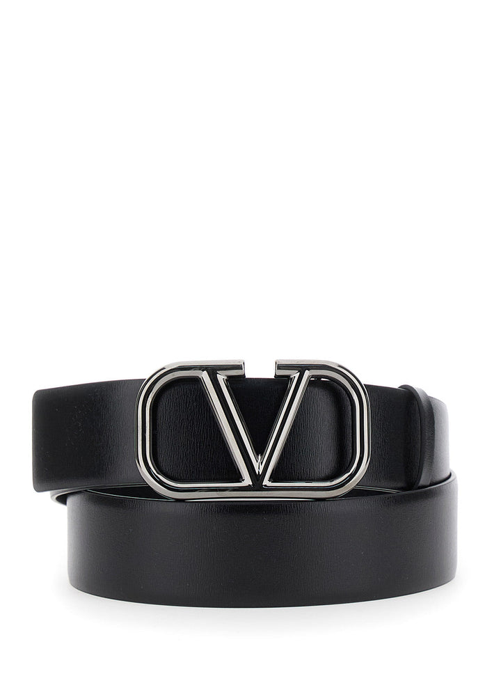 Valentino Garavani Men Black Belt With Vlogo Buckle In Leather Man