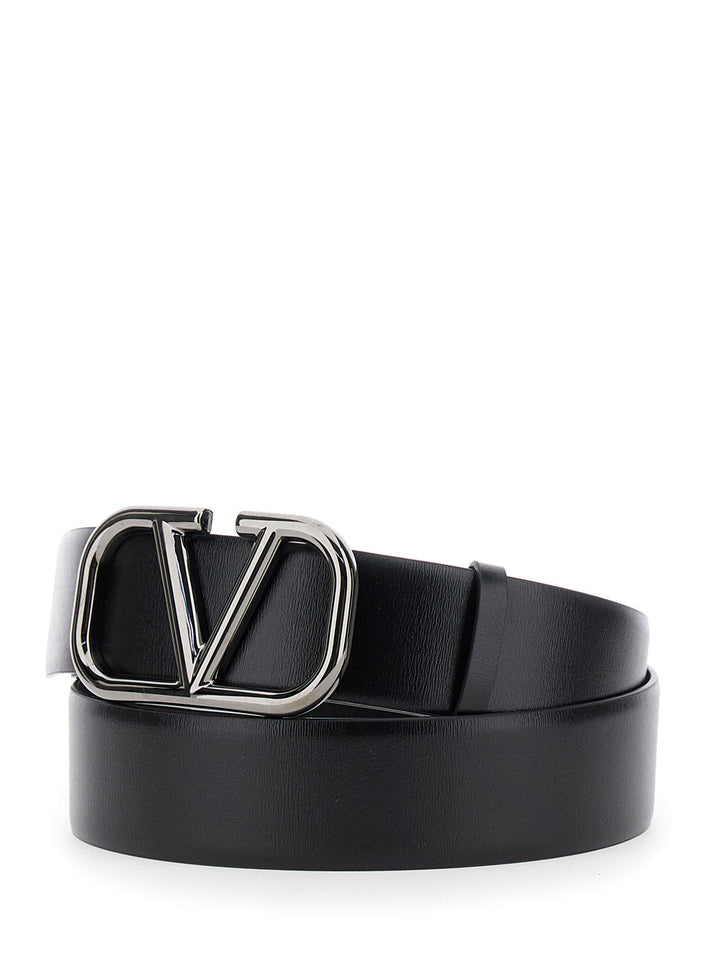 Valentino Garavani Men Black Belt With Vlogo Buckle In Leather Man