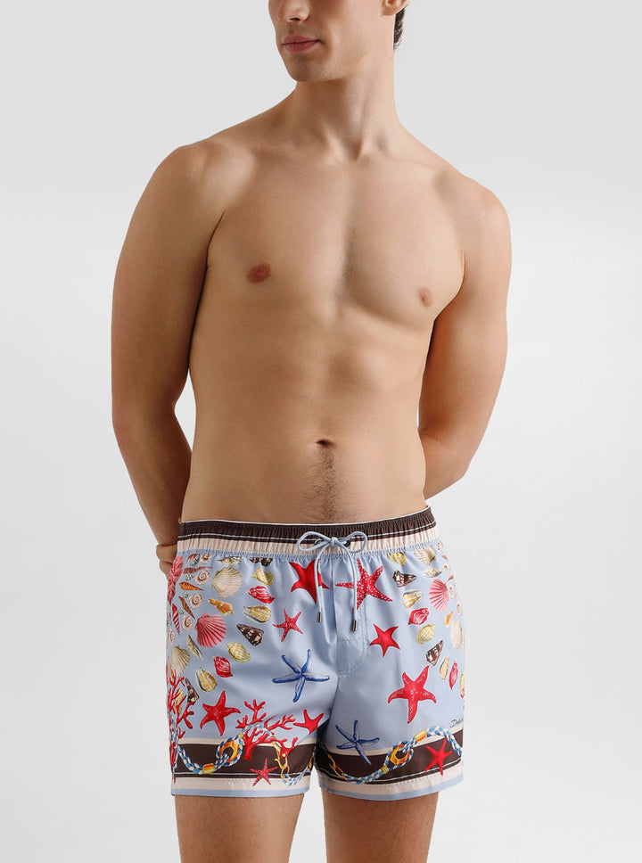 Dolce & Gabbana Men Light Blue Swim Shorts With Drawstring Elastic Waist And All-Over Print In Tech Fabric Man