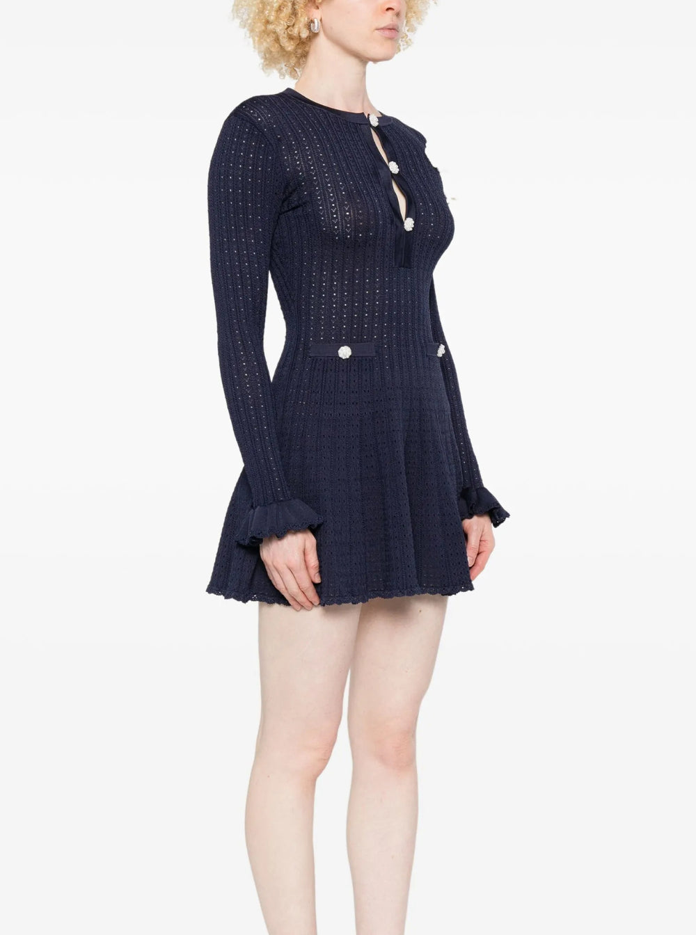 Self-Portrait Women Blue Crewneck Midi Dress With Flower Embellishment On The Front And Crochet Knit In Viscose Blend Stretch Woman