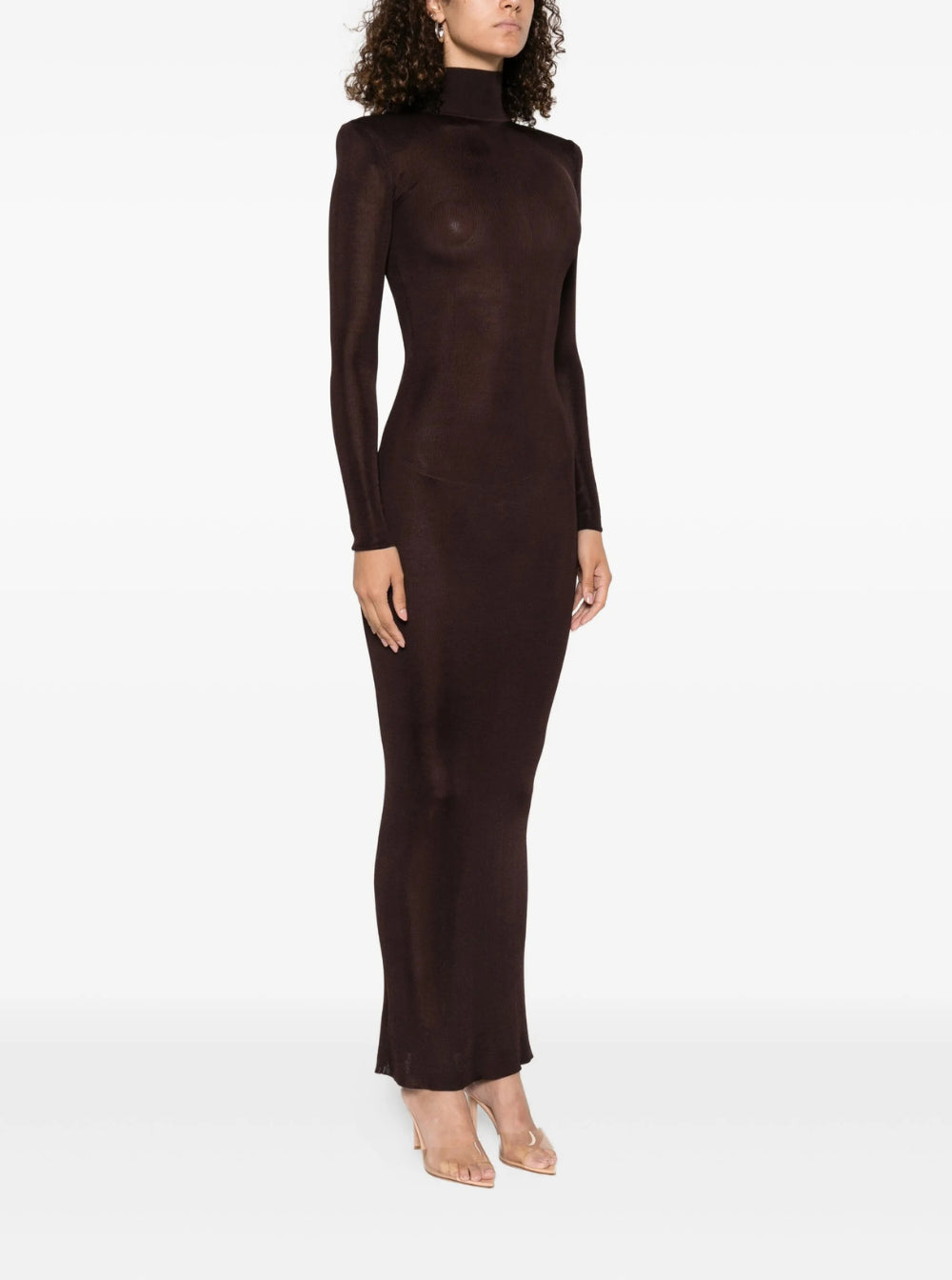 Self-Portrait Women Brown Turtleneck Long Dress With Shoulder Pads In Viscose Woman