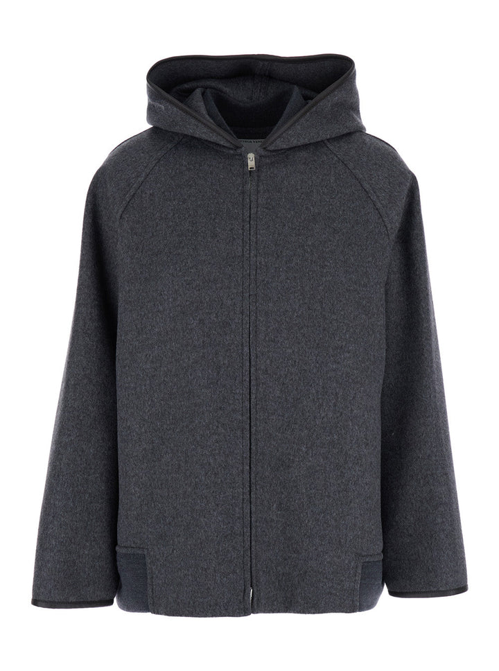 Bottega Veneta Women Grey Reversible Coat With Leather Details And Fixed Hood In Wool Woman