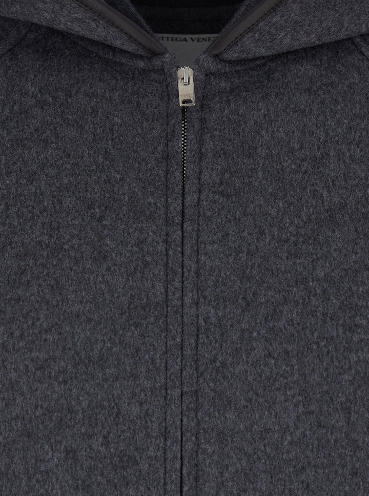 Bottega Veneta Women Grey Reversible Coat With Leather Details And Fixed Hood In Wool Woman