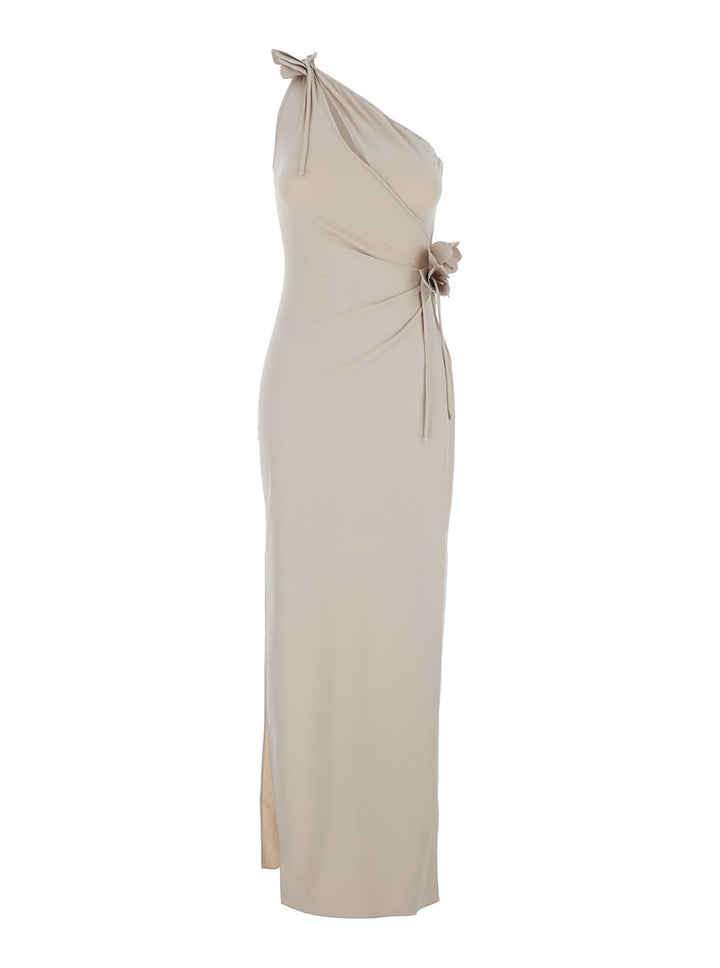 Coperni Women Beige Asymmetric One-Shoulder Dress With Flower Detail And Single Side Slit In Tech Fabric Woman