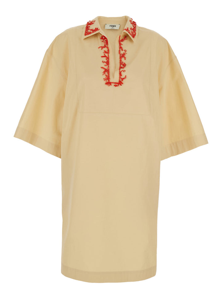 Fendi Women Beige Dress With Open Polo Shirt Style Collar And Embroidery On The Collar In Cotton Woman