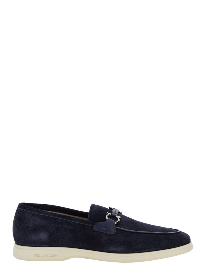 Ferragamo Men 'Cosimo' Blue Loafers With Metallic Hooks On The Front In Suede Man