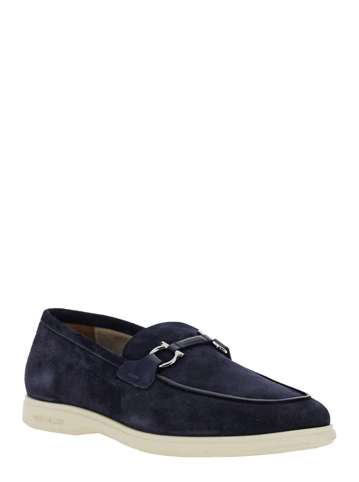 Ferragamo Men 'Cosimo' Blue Loafers With Metallic Hooks On The Front In Suede Man