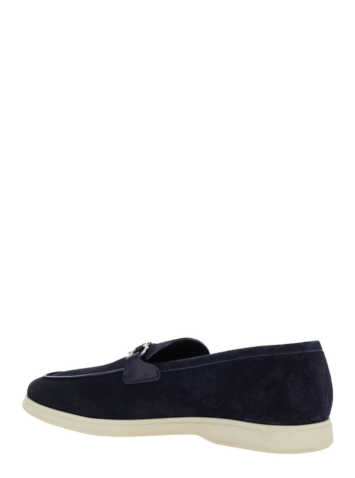 Ferragamo Men 'Cosimo' Blue Loafers With Metallic Hooks On The Front In Suede Man