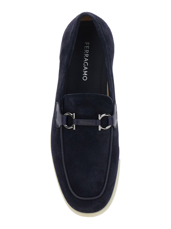 Ferragamo Men 'Cosimo' Blue Loafers With Metallic Hooks On The Front In Suede Man