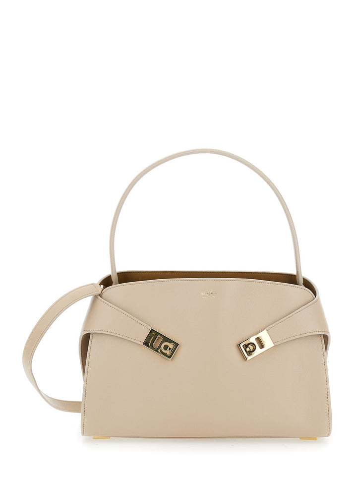 Ferragamo Women 'Hug' Beige Shoulder Bag With Logo Print On The Front In Leather Woman