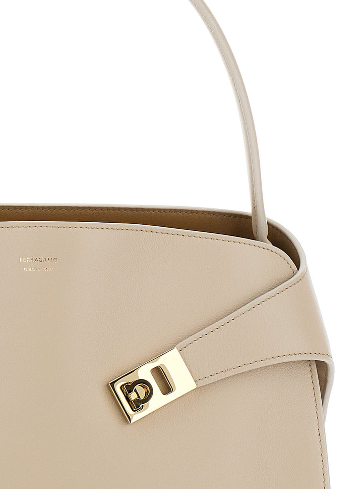 Ferragamo Women 'Hug' Beige Shoulder Bag With Logo Print On The Front In Leather Woman