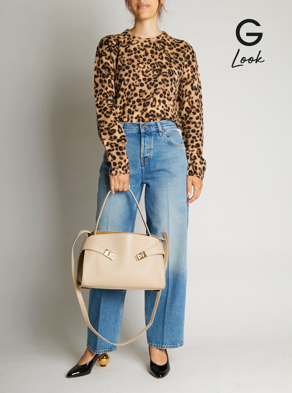 Ferragamo Women 'Hug' Beige Shoulder Bag With Logo Print On The Front In Leather Woman