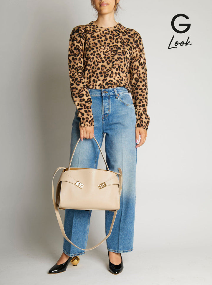 Ferragamo Women 'Hug' Beige Shoulder Bag With Logo Print On The Front In Leather Woman