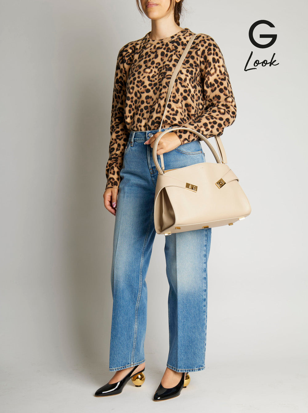 Ferragamo Women 'Hug' Beige Shoulder Bag With Logo Print On The Front In Leather Woman