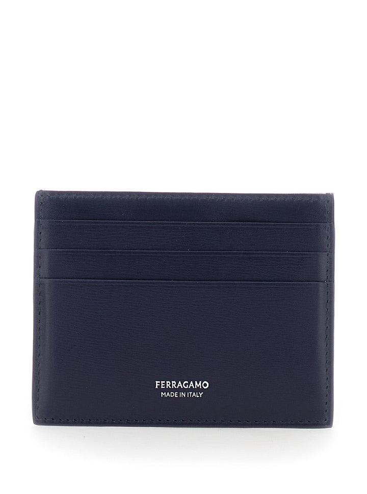 Ferragamo Men 'Florence' Blue Card Holder With Logo Lettering On The Front In Leather Man