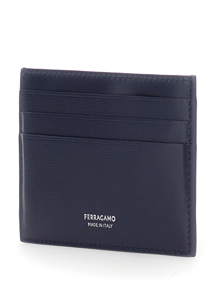 Ferragamo Men 'Florence' Blue Card Holder With Logo Lettering On The Front In Leather Man