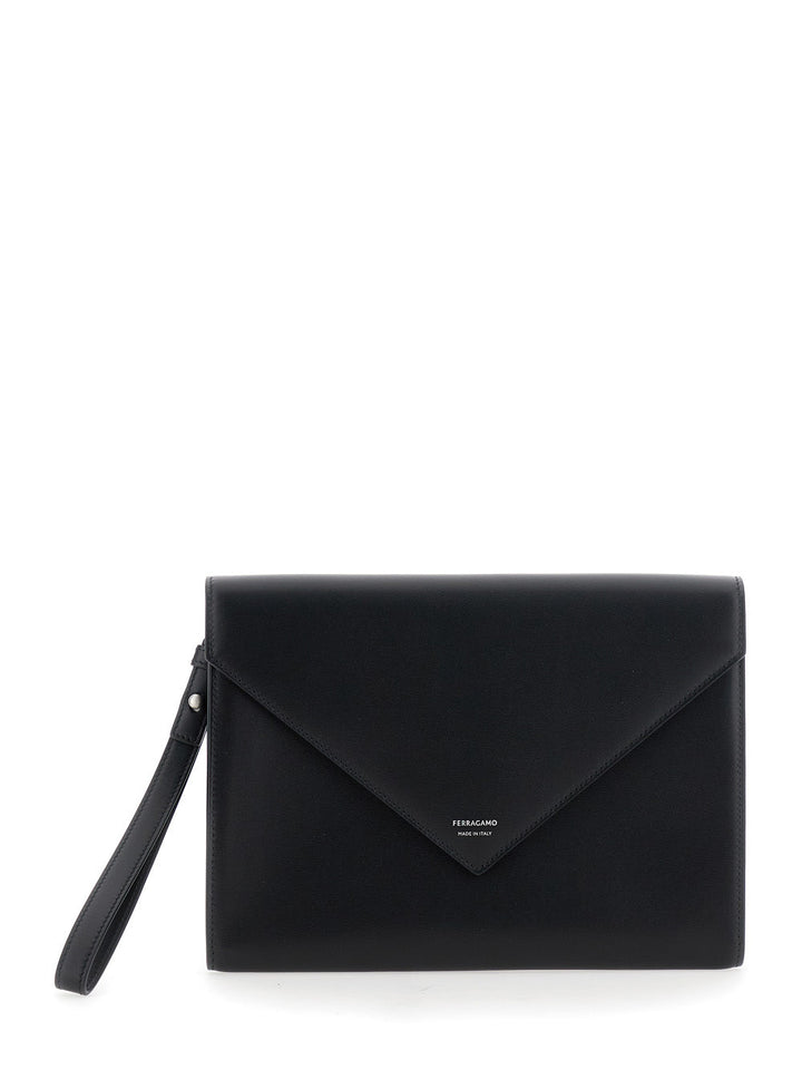 Ferragamo Men 'Florence' Black Clutch Wiht Envelope Design And Strap In Leather Man