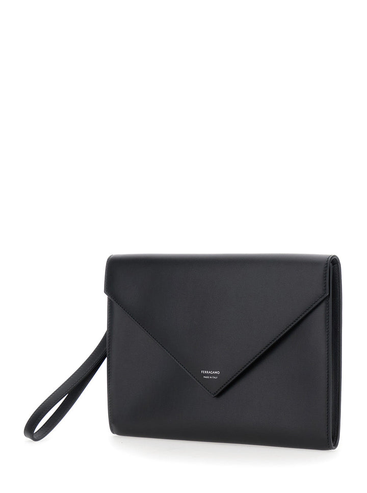 Ferragamo Men 'Florence' Black Clutch Wiht Envelope Design And Strap In Leather Man