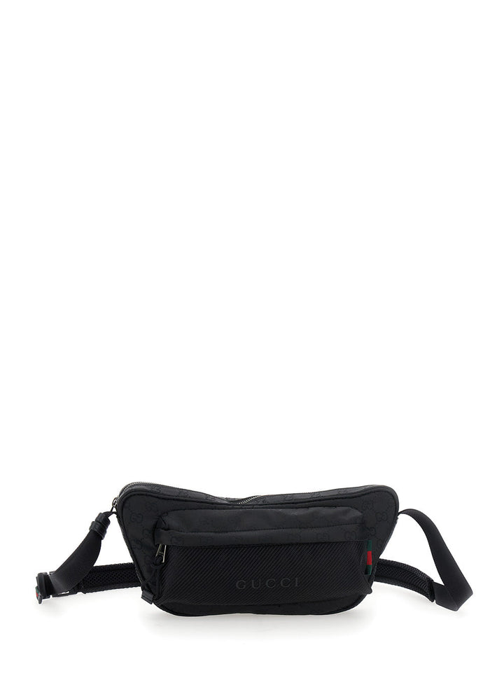 Gucci Men Black Pouch With Adjustable Waist Strap And Logo Lettering On The Front In Gg Canvas Man