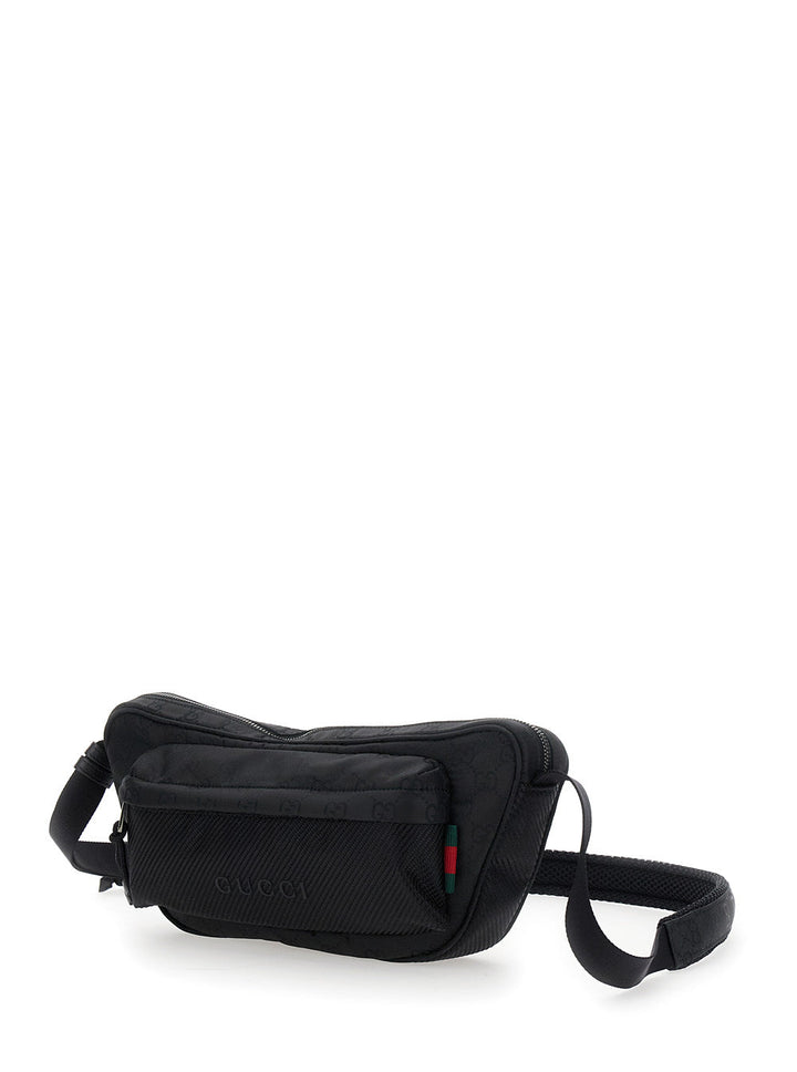 Gucci Men Black Pouch With Adjustable Waist Strap And Logo Lettering On The Front In Gg Canvas Man
