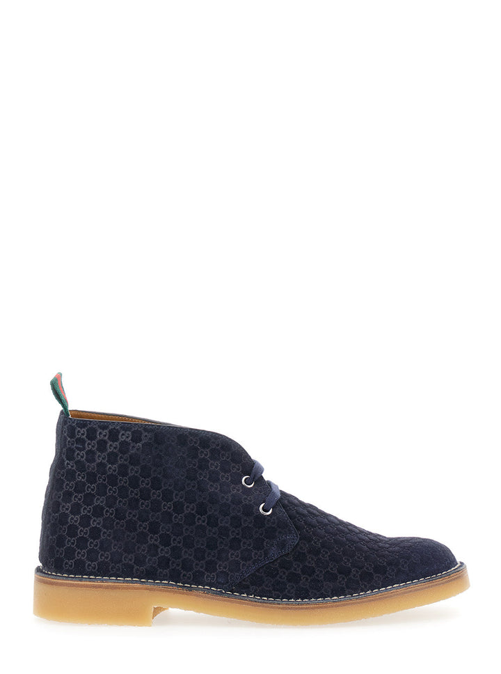 Gucci Men Blue Ankle Boots With Web Detail On The Heel And Low Heel In Gg Suede Man