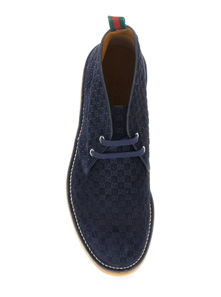 Gucci Men Blue Ankle Boots With Web Detail On The Heel And Low Heel In Gg Suede Man