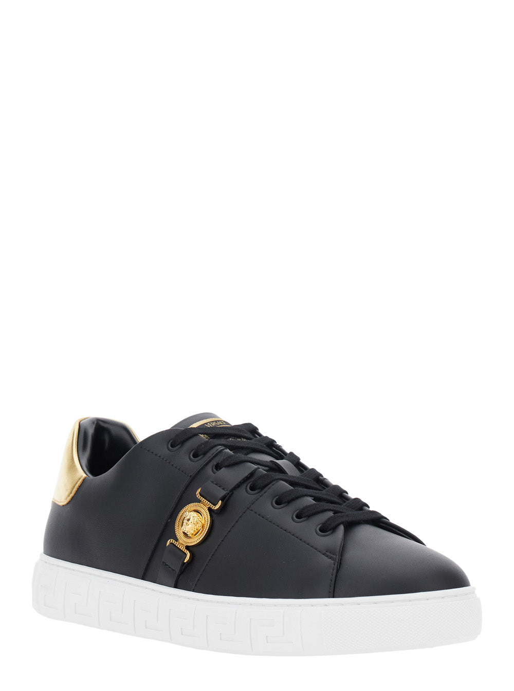 Versace Men Black Low Top Sneakers With Contrasting Heel With Logo Lettering And Medusa Plaque In Tech Fabric Man