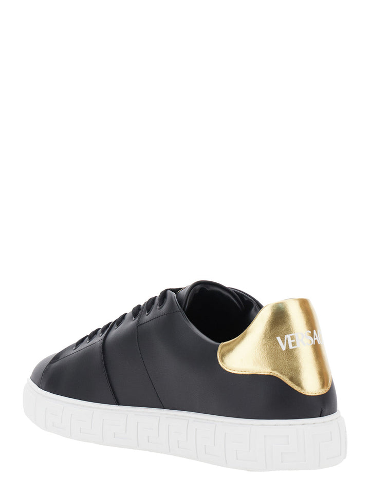 Versace Men Black Low Top Sneakers With Contrasting Heel With Logo Lettering And Medusa Plaque In Tech Fabric Man