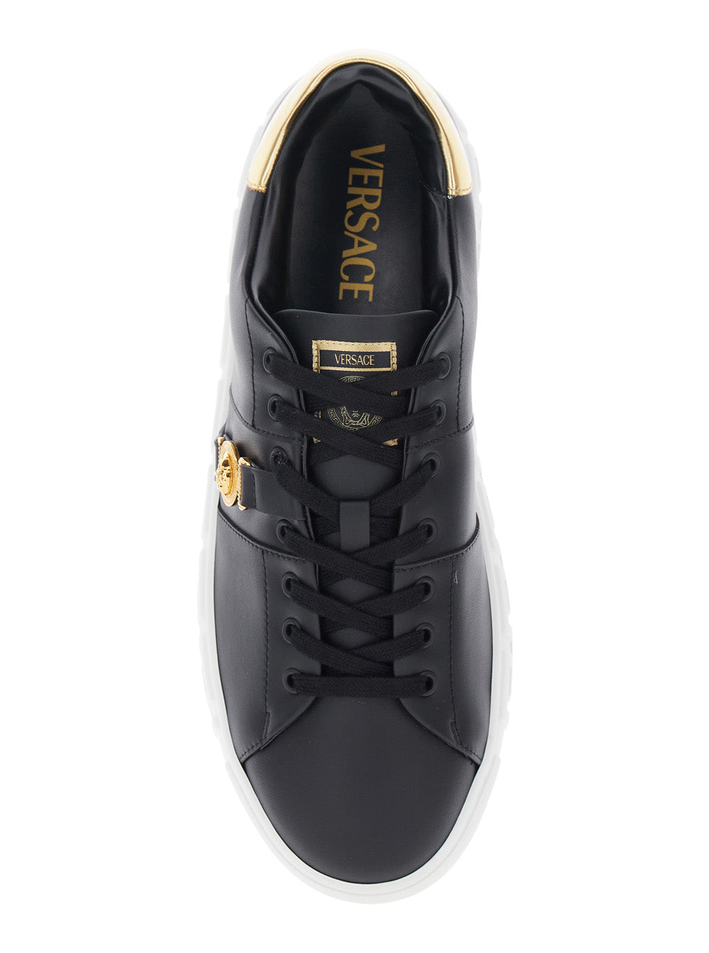 Versace Men Black Low Top Sneakers With Contrasting Heel With Logo Lettering And Medusa Plaque In Tech Fabric Man