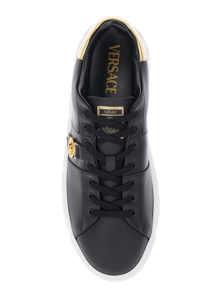 Versace Men Black Low Top Sneakers With Contrasting Heel With Logo Lettering And Medusa Plaque In Tech Fabric Man