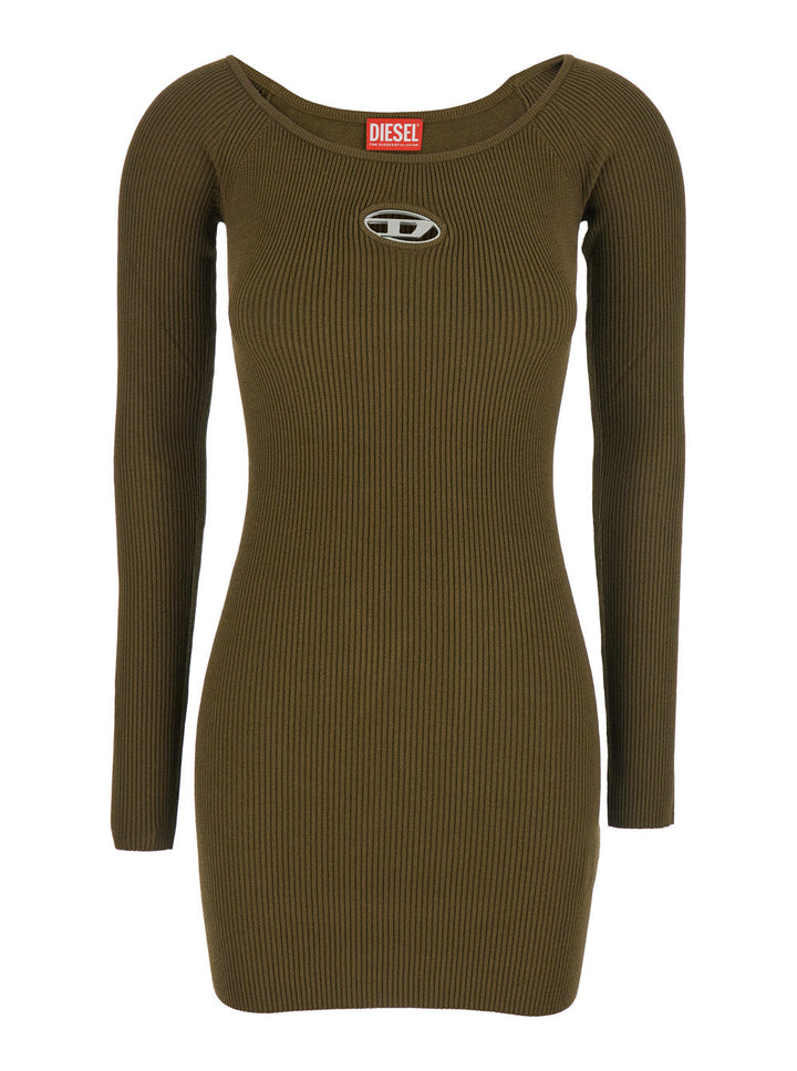 Diesel Women 'M-Vera' Green Mini Dress With Boat Neckline And Cut-Out With Logo On The Front In Viscose Stretch Woman