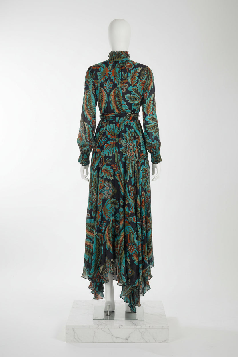 Long-sleeve dress with a floral pattern on a white background