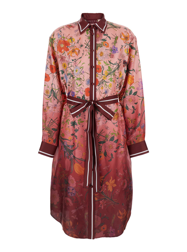 Gucci Women Bordeaux Gradient Dress With Removable Belt  And All-Over Flora Print In Silk Woman
