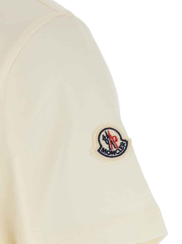 Moncler Women White Crewneck T-Shirt With Tonal Logo Lettering Embroidery On The Front And Logo Patch On The Sleeve In Cotton Woman