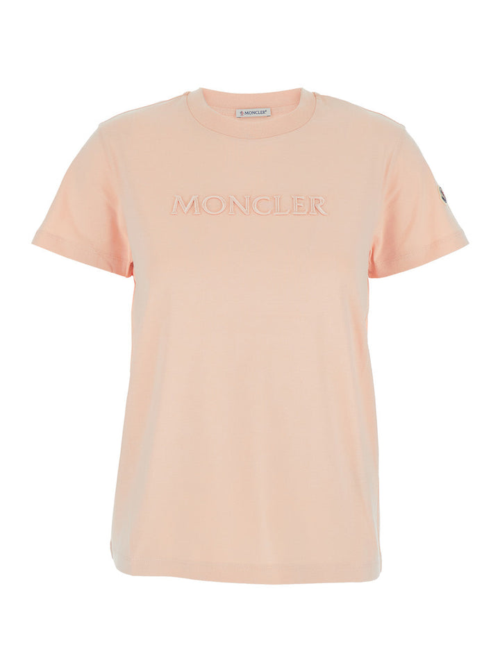 Moncler Women Pink Crewneck T-Shirt With Tonal Logo Lettering Embroidery On The Front And Logo Patch On The Sleeve In Cotton Woman