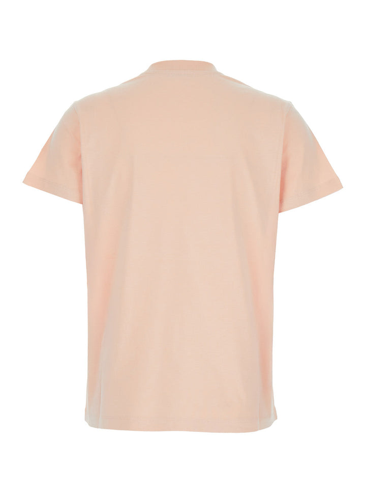 Moncler Women Pink Crewneck T-Shirt With Tonal Logo Lettering Embroidery On The Front And Logo Patch On The Sleeve In Cotton Woman