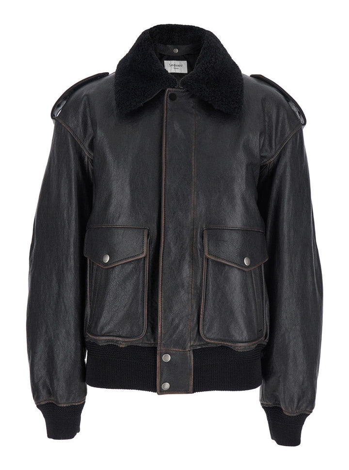 Saint Laurent Women Black Jacket With Removable Fur Collar In Leather Woman