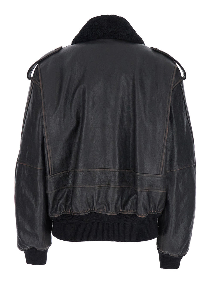 Saint Laurent Women Black Jacket With Removable Fur Collar In Leather Woman