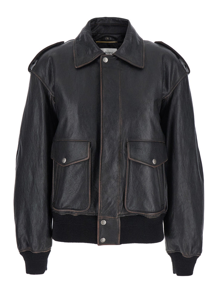 Saint Laurent Women Black Jacket With Removable Fur Collar In Leather Woman
