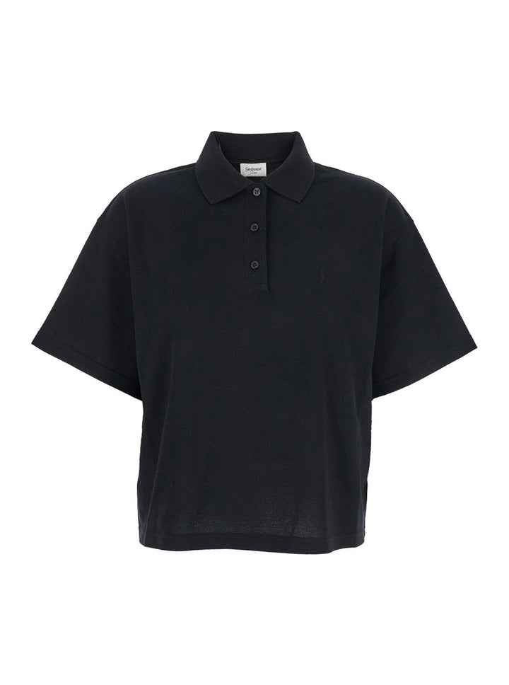 Saint Laurent Women Black Oversize Polo Shirt With Classic Collar And Tonal Logo Embroidery On The Front In Cotton Piquet Woman