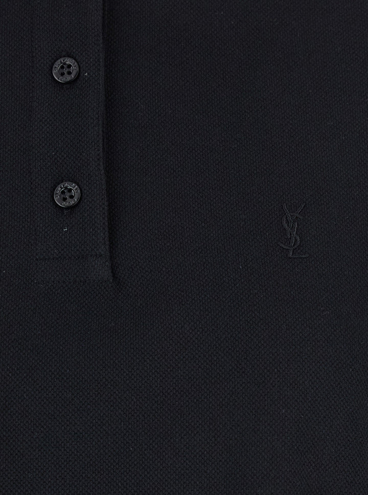 Saint Laurent Women Black Oversize Polo Shirt With Classic Collar And Tonal Logo Embroidery On The Front In Cotton Piquet Woman