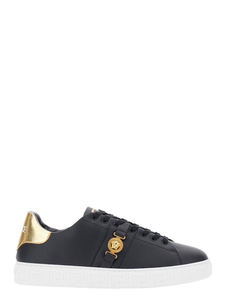 Versace Men Black Low Top Sneakers With Contrasting Heel With Logo Lettering And Medusa Plaque In Tech Fabric Man