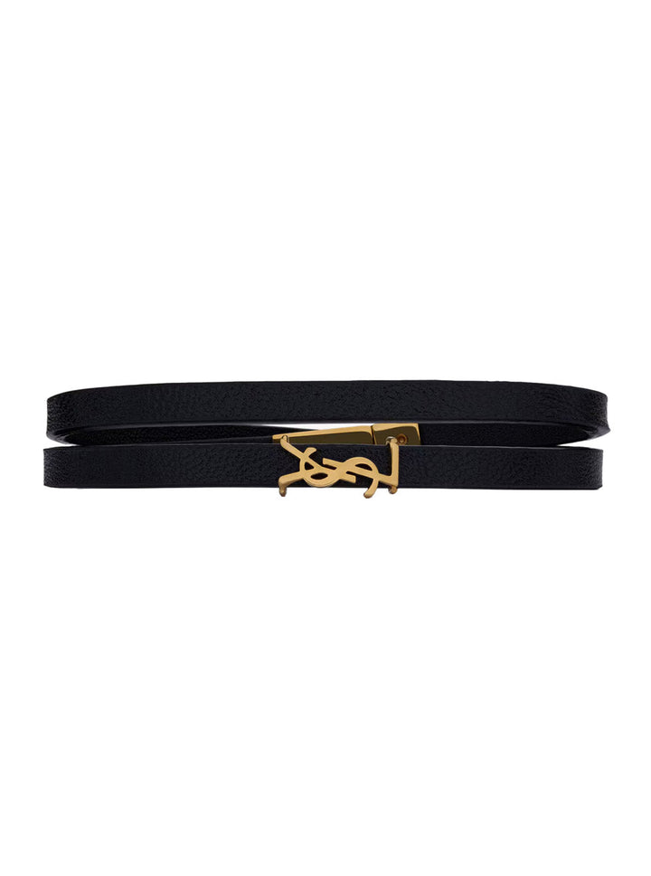 Saint Laurent Women Black Double Thin Bracelet With Cassandre Plaque On The Front In Grained Leather Woman