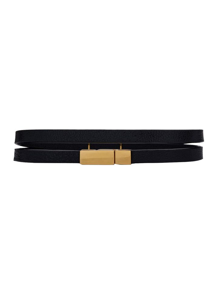 Saint Laurent Women Black Double Thin Bracelet With Cassandre Plaque On The Front In Grained Leather Woman