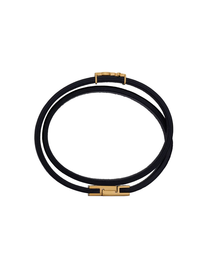 Saint Laurent Women Black Double Thin Bracelet With Cassandre Plaque On The Front In Grained Leather Woman
