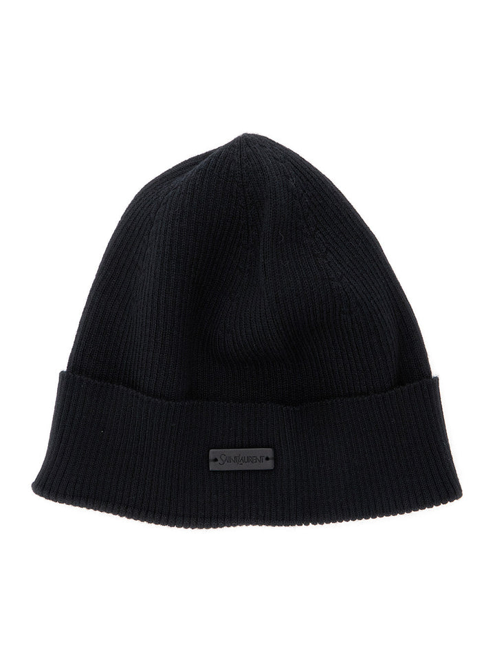 Saint Laurent Women Black Knit Beanie With Logo Patch On The Front In Wool Woman