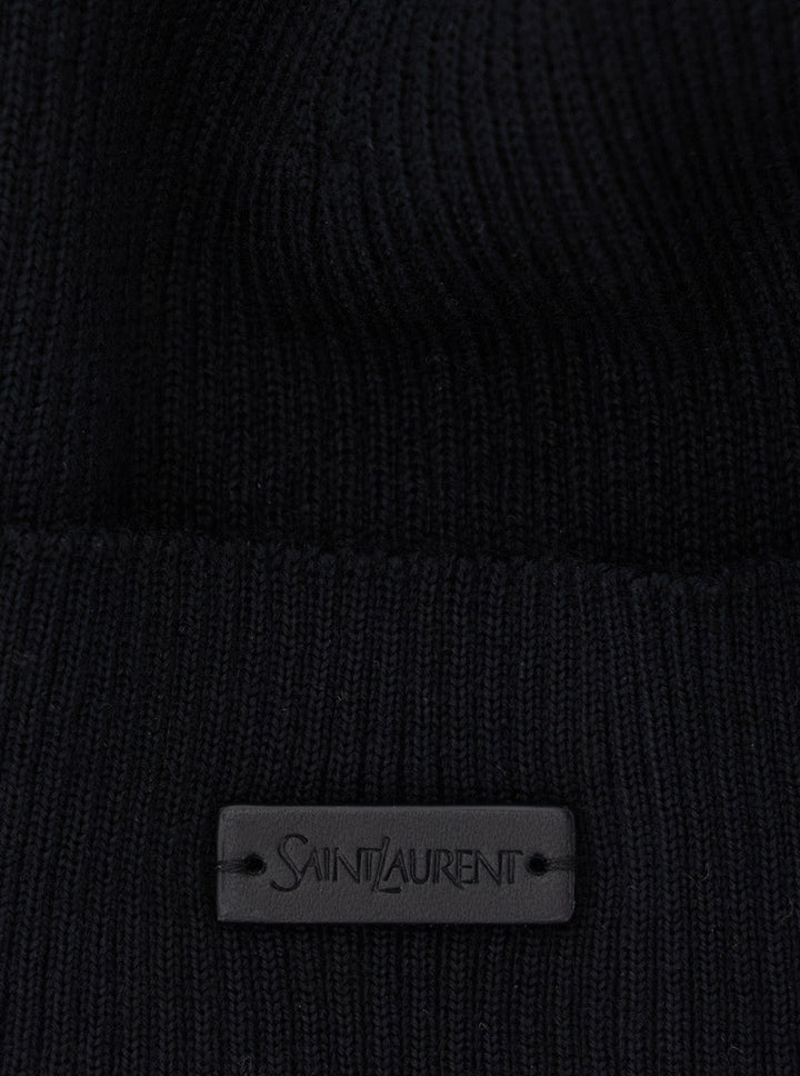 Saint Laurent Women Black Knit Beanie With Logo Patch On The Front In Wool Woman
