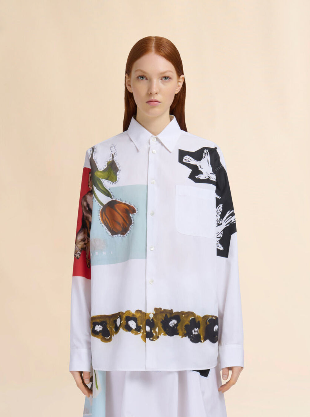 Marni Women White Shirt With Classic Collar And Graphic Print On The Front In Cotton Woman