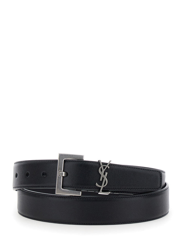 Saint Laurent Women Black Belt With Square Buckle And Cassandre Plaque In Leather Woman